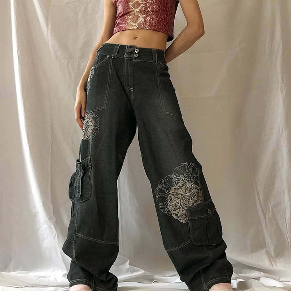 Y2K Grunge Floral Print Loose Denim Jeans - Retro 90s Summer Outfit, Y2K Fashion Essentials