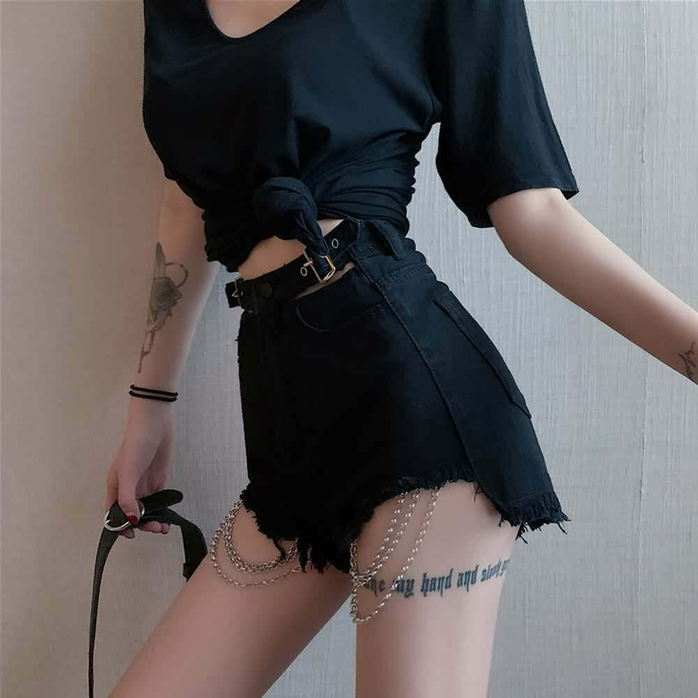 Y2K Grunge Frayed Hem Darkness Denim Shorts - 90s Retro Summer Outfit Essentials