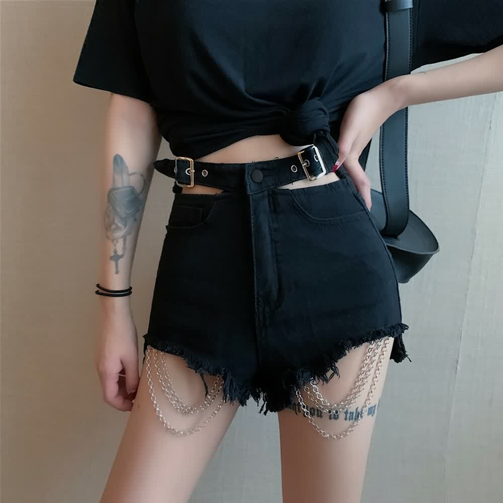 Y2K Grunge Frayed Hem Darkness Denim Shorts - 90s Retro Summer Outfit Essentials