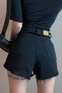 Y2K Grunge Frayed Hem Darkness Denim Shorts - 90s Retro Summer Outfit Essentials