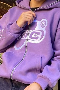 Y2K Grunge Full Zip Hoodie - Retro 90s Fashion, Summer Y2K Outfits, Pastel Goth Style