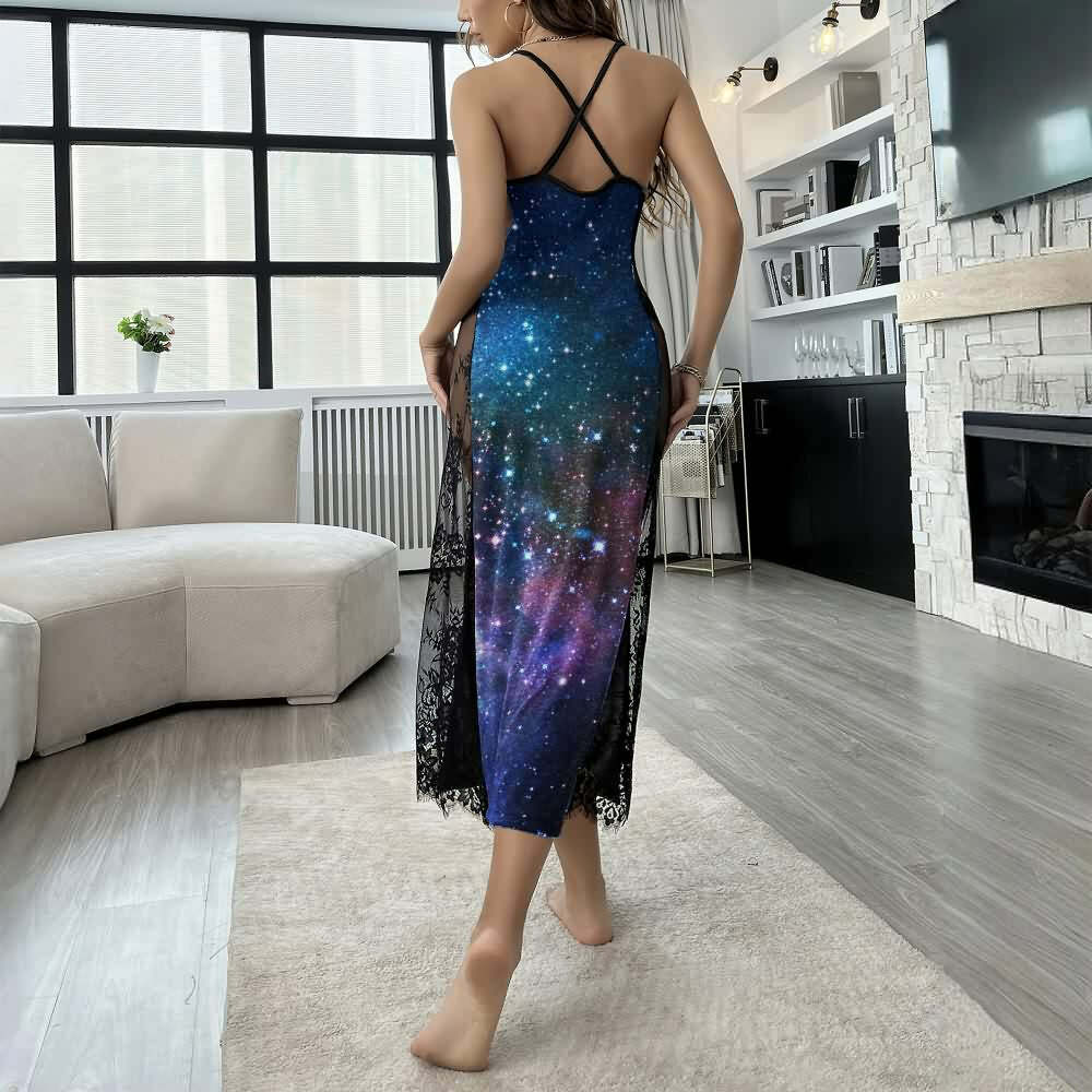 Y2K Grunge Galaxy Skull Lace Cami Nightgown - Retro 90s Summer Lounge Dress