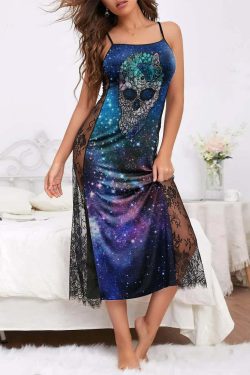 Y2K Grunge Galaxy Skull Lace Cami Nightgown - Retro 90s Summer Lounge Dress