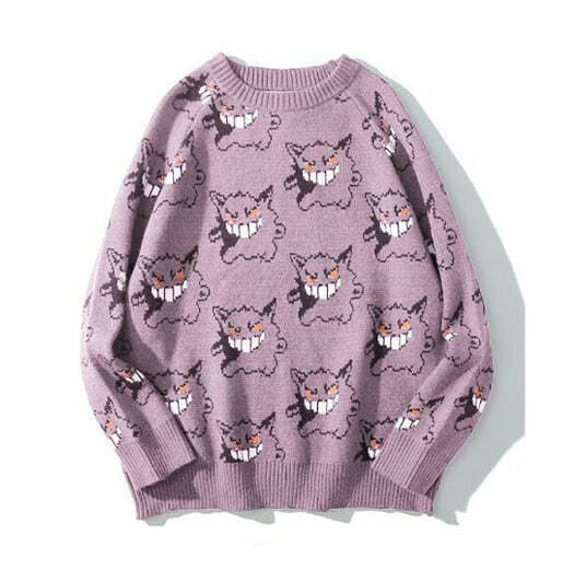 Y2K Grunge Gengar Knitted Sweater - Retro 90s Fashion, Pastel Goth, Y2K Club Outfit