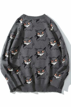 Y2K Grunge Gengar Knitted Sweater - Retro 90s Fashion, Pastel Goth, Y2K Club Outfit