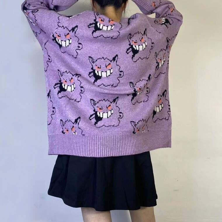 Y2K Grunge Gengar Knitted Sweater - Retro 90s Fashion, Pastel Goth, Y2K Club Outfit