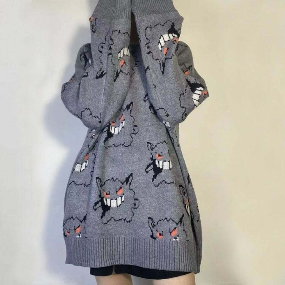 Y2K Grunge Gengar Knitted Sweater - Retro 90s Fashion, Pastel Goth, Y2K Club Outfit