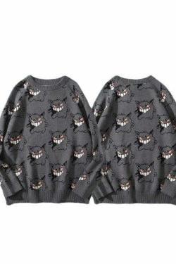Y2K Grunge Gengar Knitted Sweater - Retro 90s Fashion, Pastel Goth, Y2K Club Outfit
