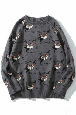 Y2K Grunge Gengar Knitted Sweater - Retro 90s Fashion, Pastel Goth, Y2K Club Outfit