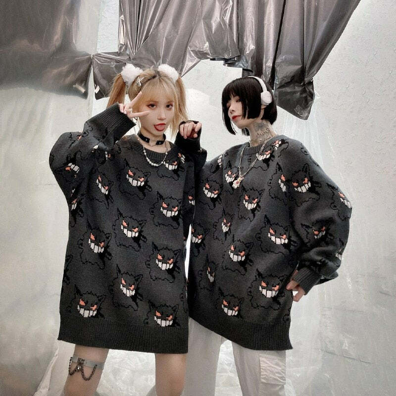 Y2K Grunge Gengar Knitted Sweater - Retro 90s Fashion, Pastel Goth, Y2K Club Outfit