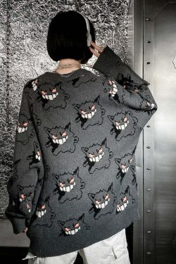 Y2K Grunge Gengar Knitted Sweater - Retro 90s Fashion, Pastel Goth, Y2K Club Outfit