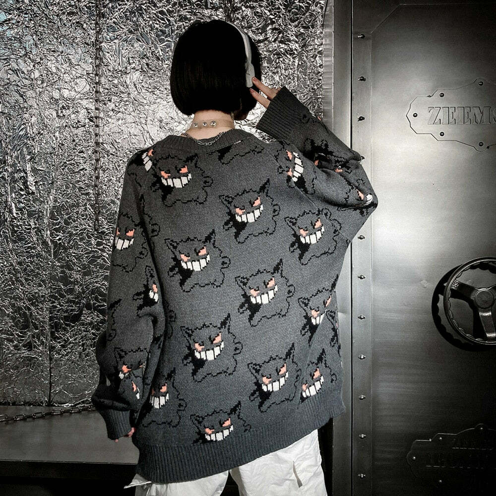 Y2K Grunge Gengar Knitted Sweater - Retro 90s Fashion, Pastel Goth, Y2K Club Outfit