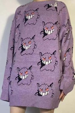Y2K Grunge Gengar Knitted Sweater - Retro 90s Fashion, Pastel Goth, Y2K Club Outfit