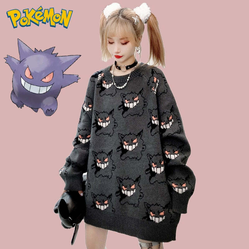 Y2K Grunge Gengar Knitted Sweater - Retro 90s Fashion, Pastel Goth, Y2K Club Outfit