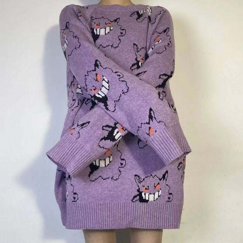 Y2K Grunge Gengar Knitted Sweater - Retro 90s Fashion, Pastel Goth, Y2K Club Outfit
