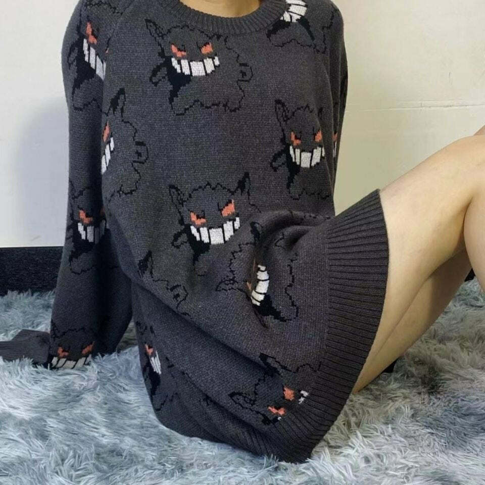 Y2K Grunge Gengar Knitted Sweater - Retro 90s Fashion, Pastel Goth, Y2K Club Outfit