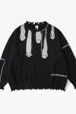 Y2K Grunge Ghost Knit Sweater - Retro 90s Fashion, Summer Outfits, and Pastel Goth Style