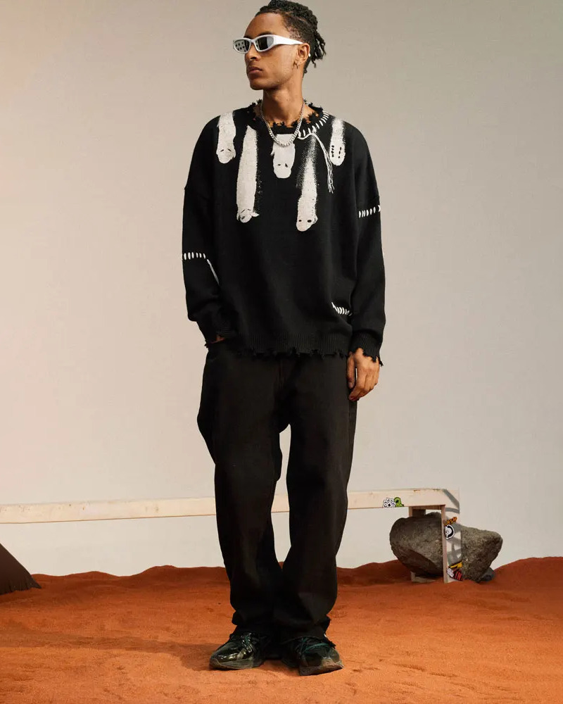Y2K Grunge Ghost Knit Sweater - Retro 90s Fashion, Summer Outfits, and Pastel Goth Style