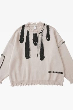 Y2K Grunge Ghost Knit Sweater - Retro 90s Fashion, Summer Outfits, and Pastel Goth Style