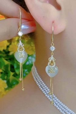 Y2K Grunge Gold Copper Tassel Drop Earrings with Zircon Inlay - Retro 90s Fashion Statement