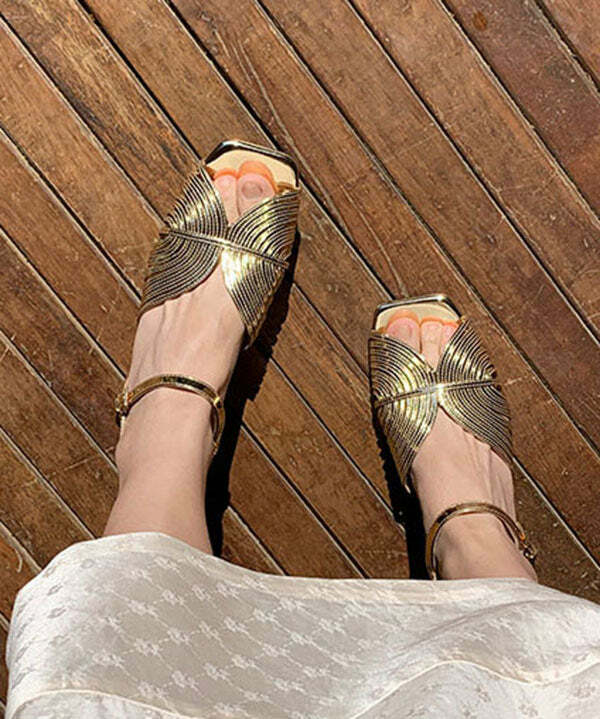 Y2K Grunge Gold High Heel Sandals - Faux Leather, Buckle Strap, Retro 90s Party Outfit
