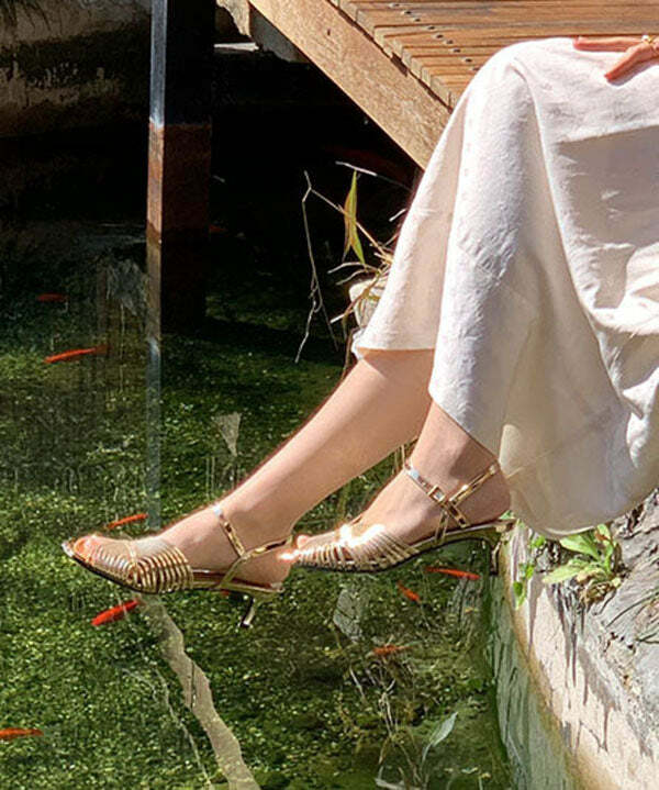 Y2K Grunge Gold High Heel Sandals - Faux Leather, Buckle Strap, Retro 90s Party Outfit