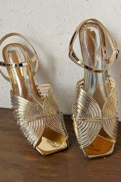 Y2K Grunge Gold High Heel Sandals - Faux Leather, Buckle Strap, Retro 90s Party Outfit