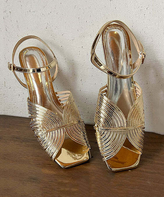 Y2K Grunge Gold High Heel Sandals - Faux Leather, Buckle Strap, Retro 90s Party Outfit