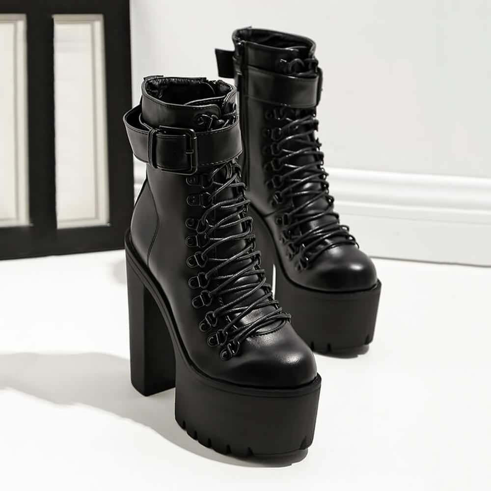 Y2K Grunge Goth Buckle Strap Platform Ankle Boots - Retro 90s Fashion, Dark Y2K Style