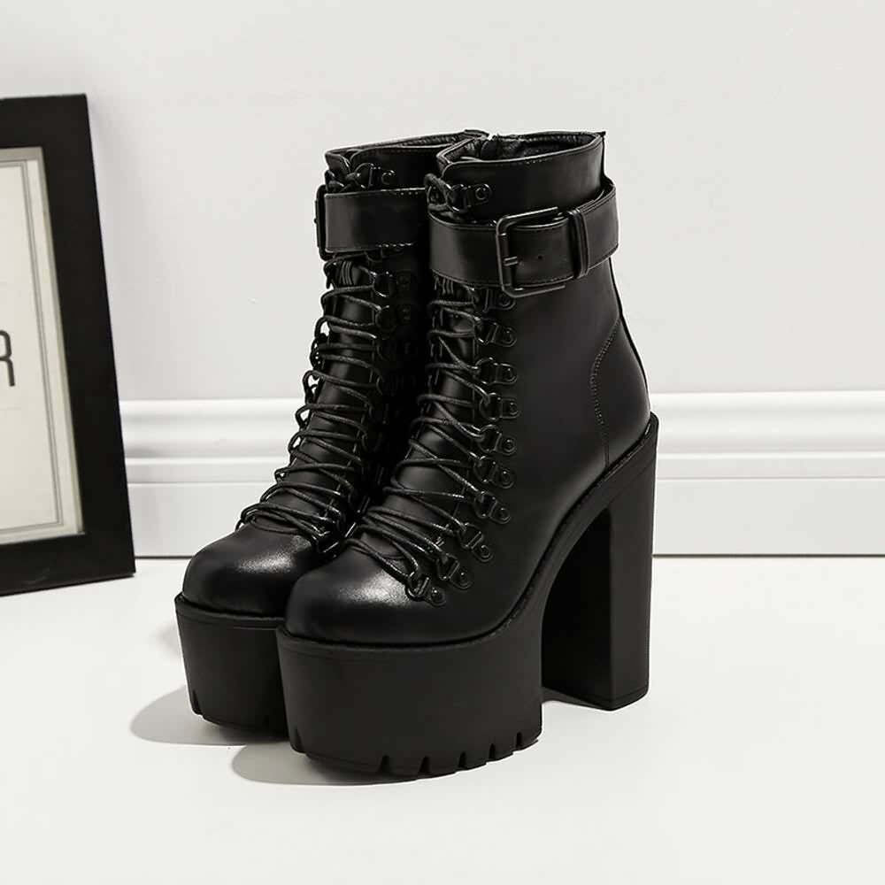 Y2K Grunge Goth Buckle Strap Platform Ankle Boots - Retro 90s Fashion, Dark Y2K Style