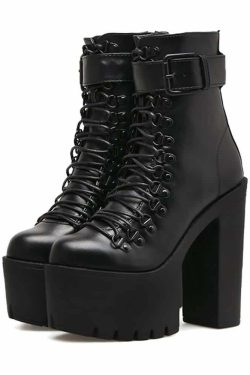 Y2K Grunge Goth Buckle Strap Platform Ankle Boots - Retro 90s Fashion, Dark Y2K Style