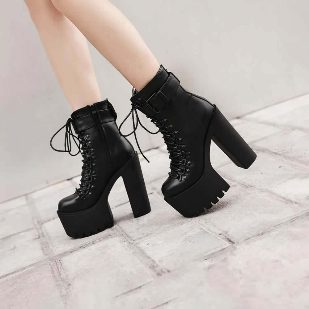Y2K Grunge Goth Buckle Strap Platform Ankle Boots - Retro 90s Fashion, Dark Y2K Style
