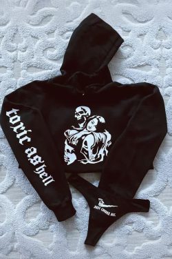 Y2K Grunge Goth Cropped Hoodie & Panty Set - Retro 90s Summer Outfit for Women