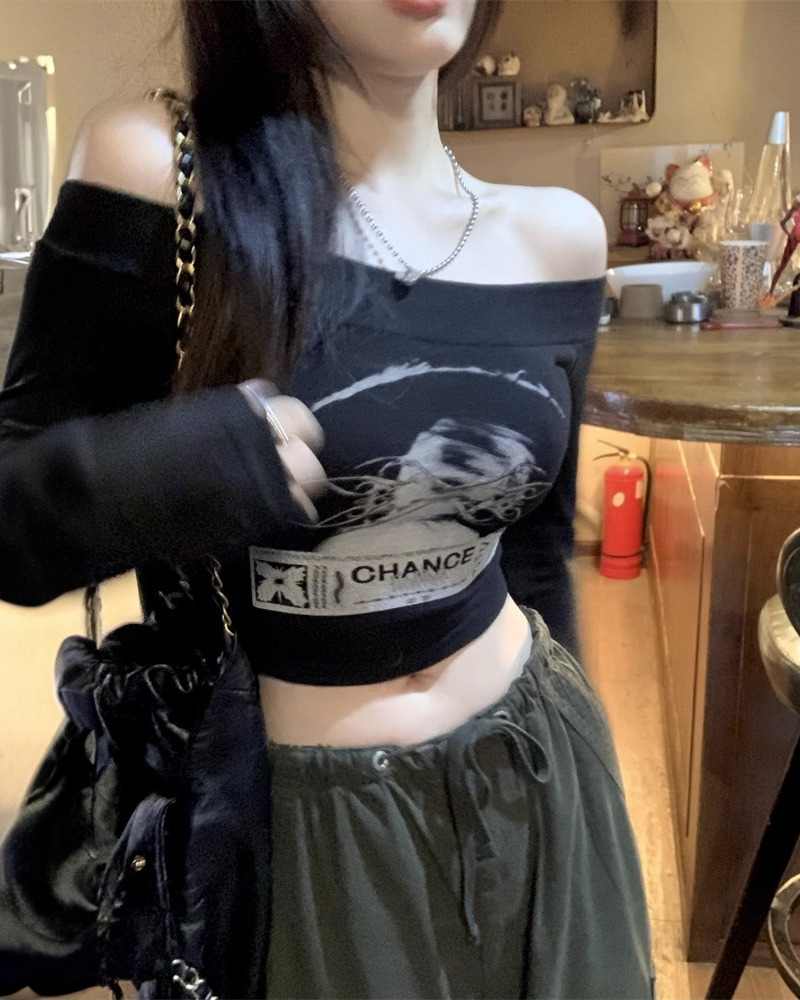 Y2K Grunge Goth Long Sleeve Crop Top - Retro 90s Fashion, Summer Y2K Outfits, Pastel Goth Style