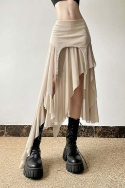 Y2K Grunge Goth Mesh High Low Slit Midi Skirt - Retro 90s Fashion, Summer Y2K Outfits