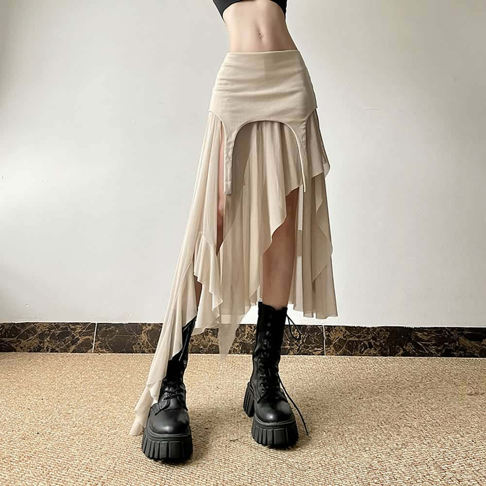 Y2K Grunge Goth Mesh High Low Slit Midi Skirt - Retro 90s Fashion, Summer Y2K Outfits