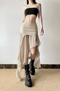 Y2K Grunge Goth Mesh High Low Slit Midi Skirt - Retro 90s Fashion, Summer Y2K Outfits