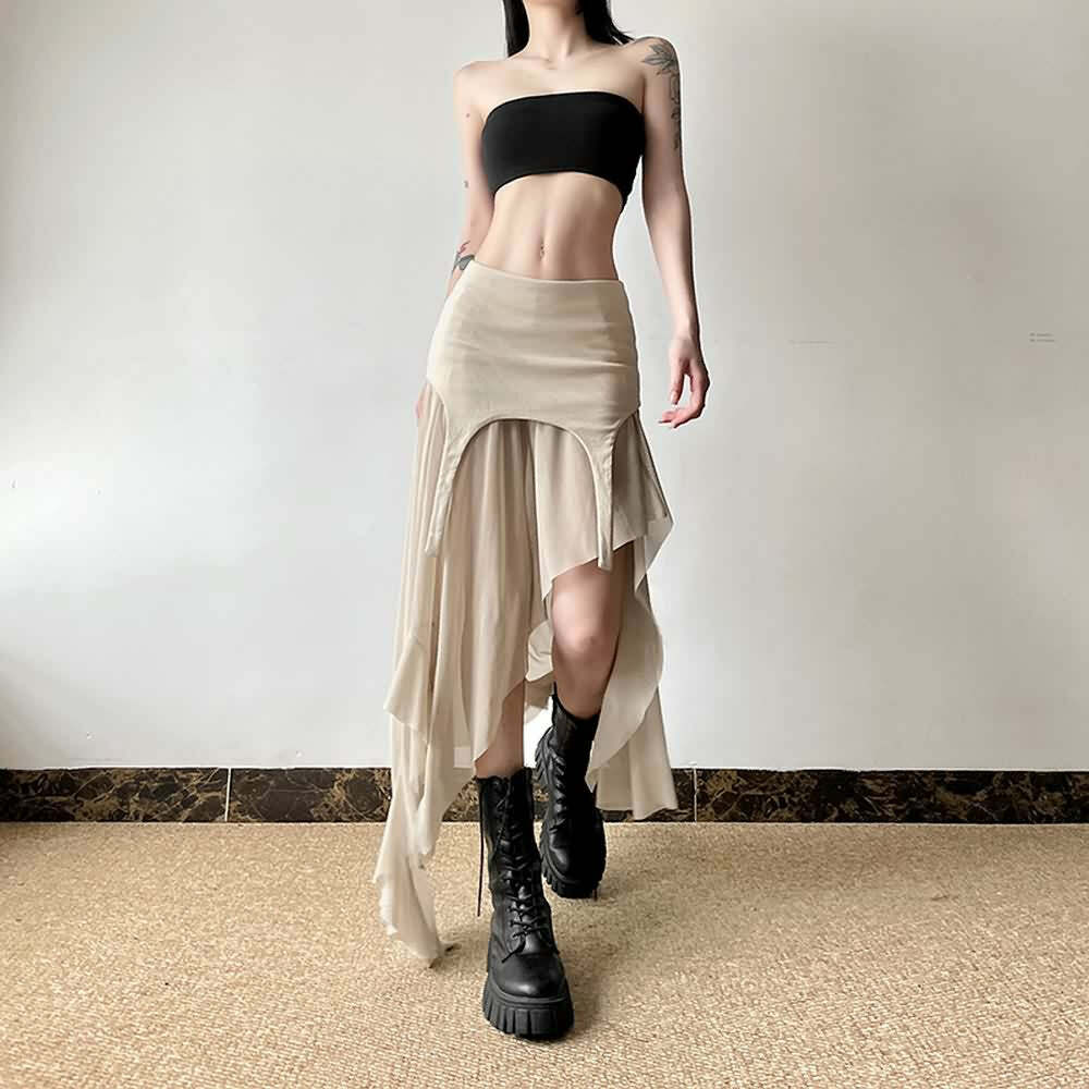 Y2K Grunge Goth Mesh High Low Slit Midi Skirt - Retro 90s Fashion, Summer Y2K Outfits