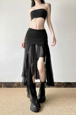 Y2K Grunge Goth Mesh High Low Slit Midi Skirt - Retro 90s Fashion, Summer Y2K Outfits
