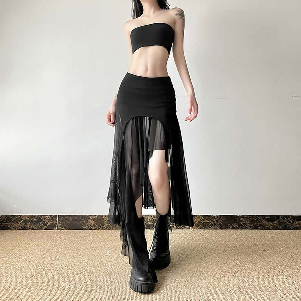Y2K Grunge Goth Mesh High Low Slit Midi Skirt - Retro 90s Fashion, Summer Y2K Outfits