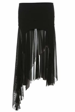 Y2K Grunge Goth Mesh High Low Slit Midi Skirt - Retro 90s Fashion, Summer Y2K Outfits