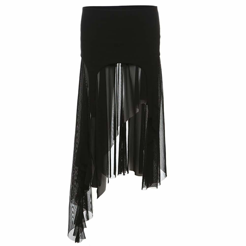 Y2K Grunge Goth Mesh High Low Slit Midi Skirt - Retro 90s Fashion, Summer Y2K Outfits