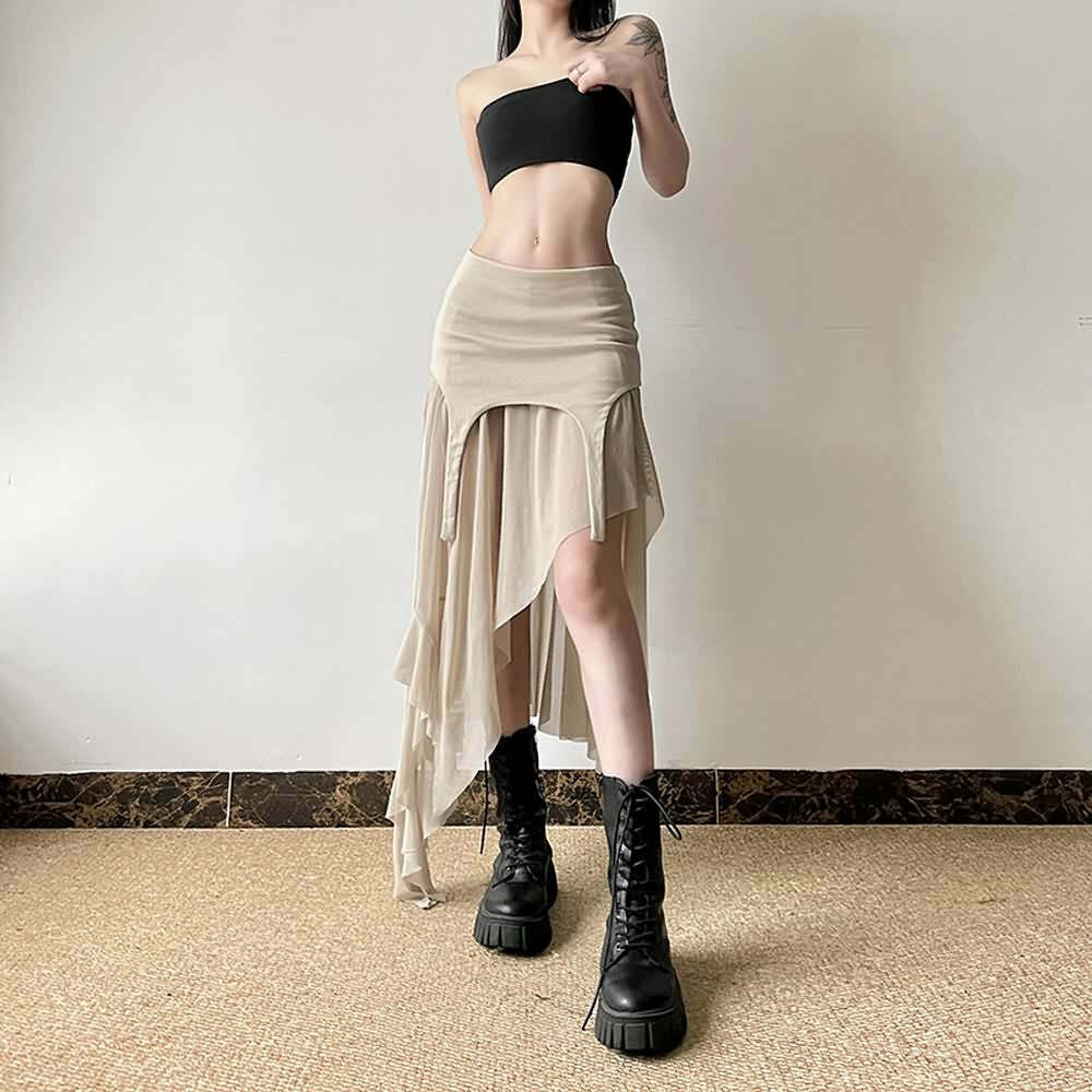 Y2K Grunge Goth Mesh High Low Slit Midi Skirt - Retro 90s Fashion, Summer Y2K Outfits
