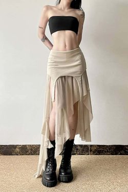 Y2K Grunge Goth Mesh High Low Slit Midi Skirt - Retro 90s Fashion, Summer Y2K Outfits
