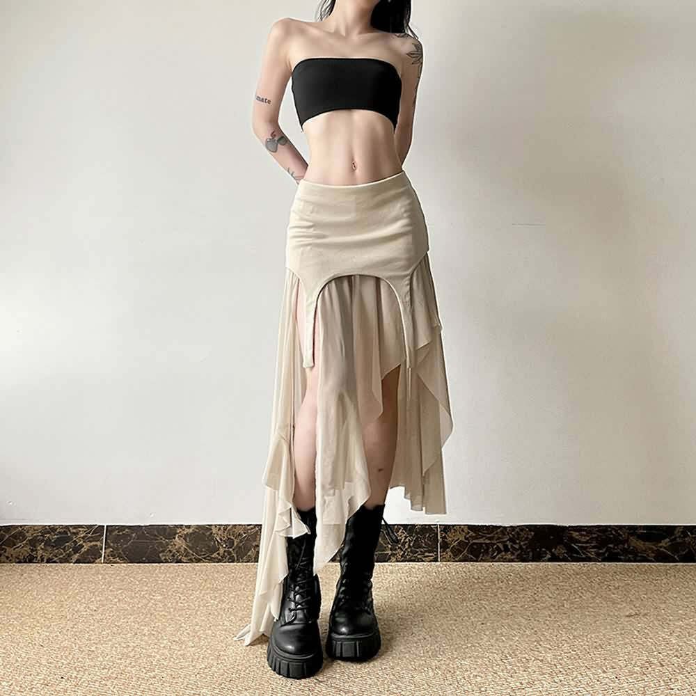 Y2K Grunge Goth Mesh High Low Slit Midi Skirt - Retro 90s Fashion, Summer Y2K Outfits