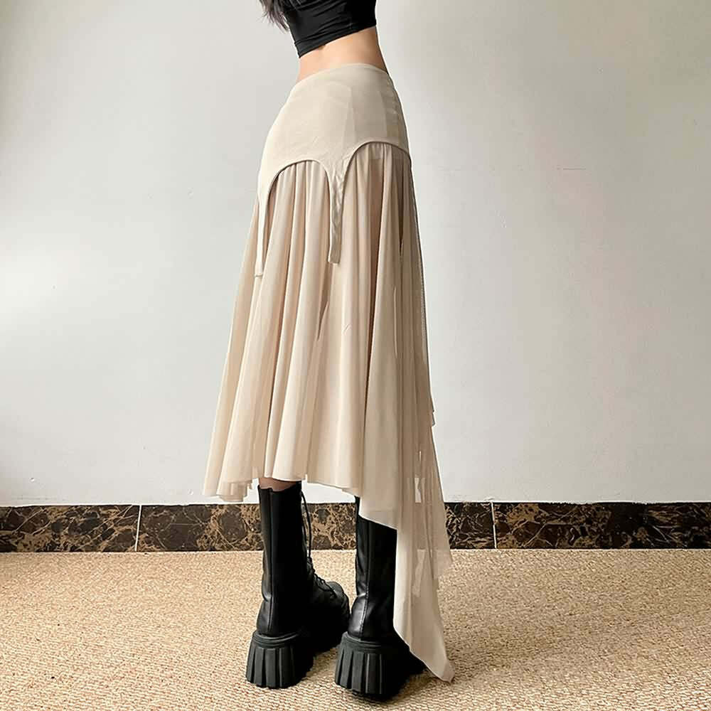 Y2K Grunge Goth Mesh High Low Slit Midi Skirt - Retro 90s Fashion, Summer Y2K Outfits