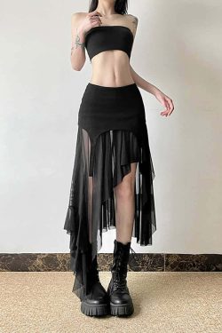 Y2K Grunge Goth Mesh High Low Slit Midi Skirt - Retro 90s Fashion, Summer Y2K Outfits