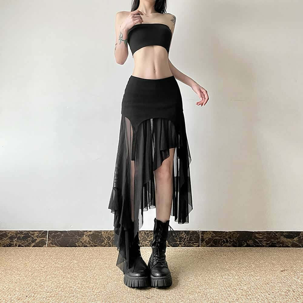 Y2K Grunge Goth Mesh High Low Slit Midi Skirt - Retro 90s Fashion, Summer Y2K Outfits
