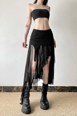 Y2K Grunge Goth Mesh High Low Slit Midi Skirt - Retro 90s Fashion, Summer Y2K Outfits
