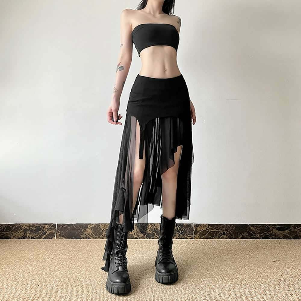 Y2K Grunge Goth Mesh High Low Slit Midi Skirt - Retro 90s Fashion, Summer Y2K Outfits